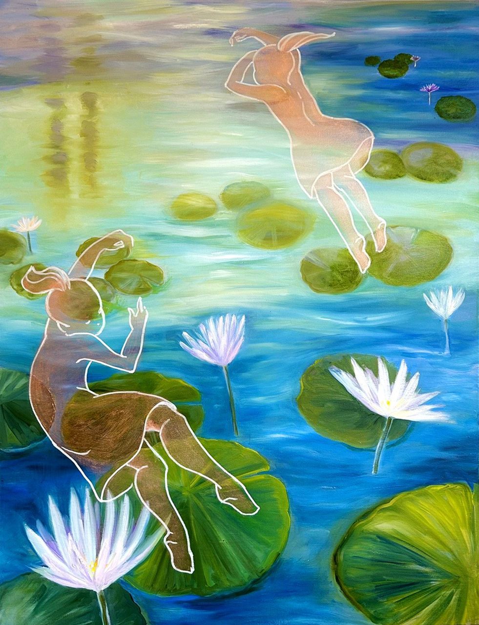 Two translucent swimmers drifting among green lily pads and white water lilies on a blue pond.