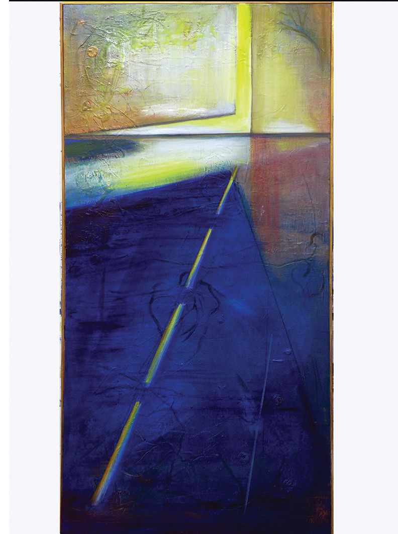 Abstract painting of a road with a dashed center line, fading into blue and yellow hues