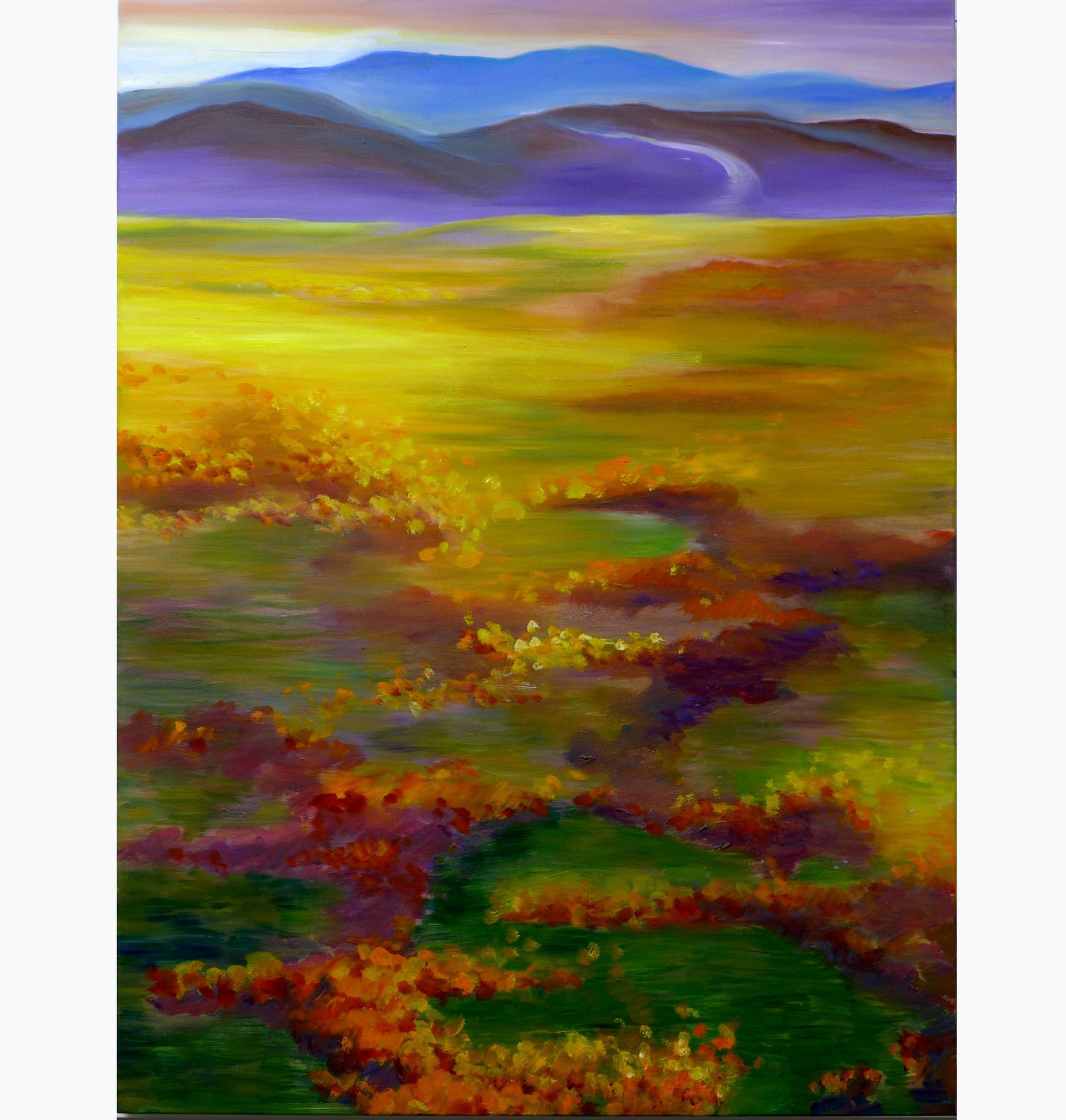 Abstract landscape with colorful rolling hills, a bright yellow field, and purple-blue mountains under a hazy sky