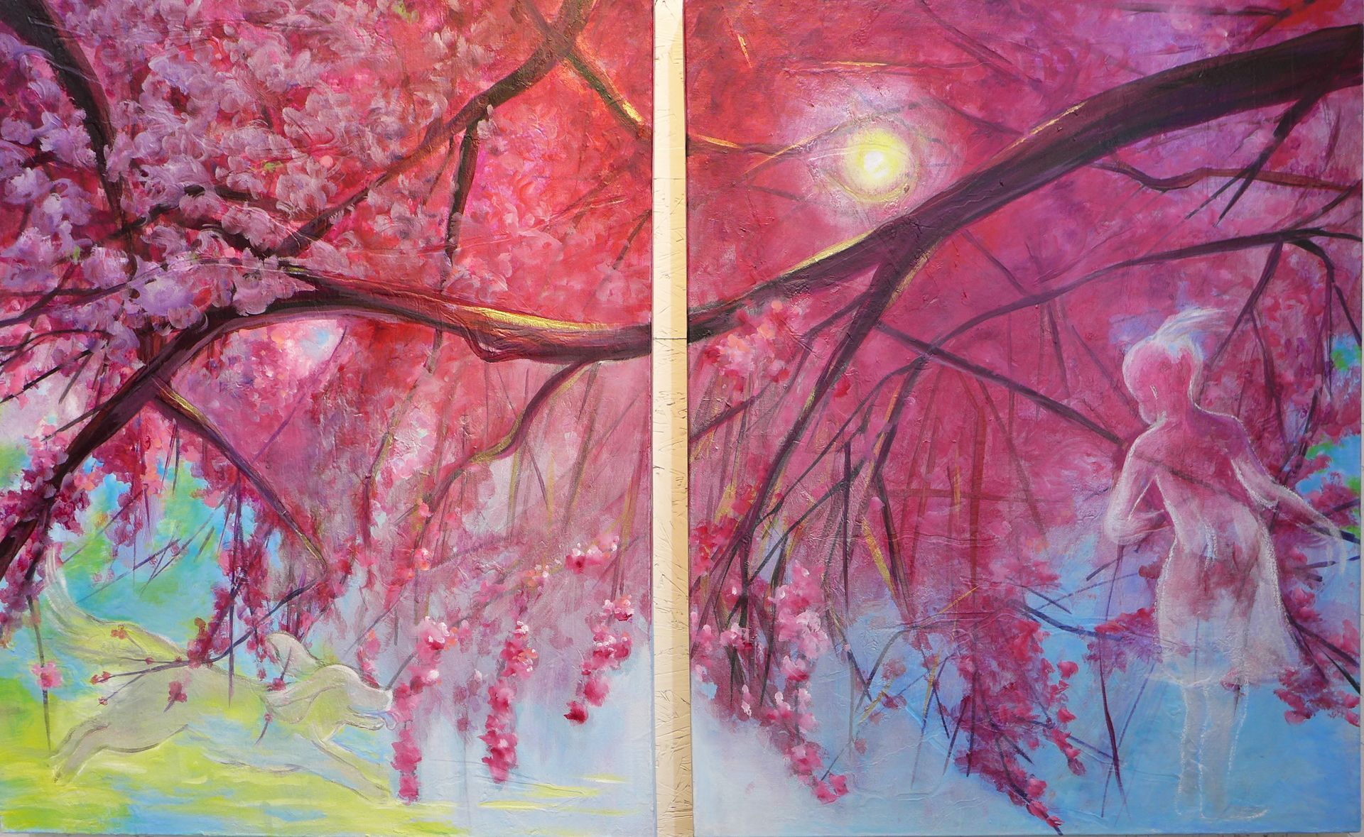 Pink cherry blossoms framing a glowing moon and a white statue in a dreamy garden scene