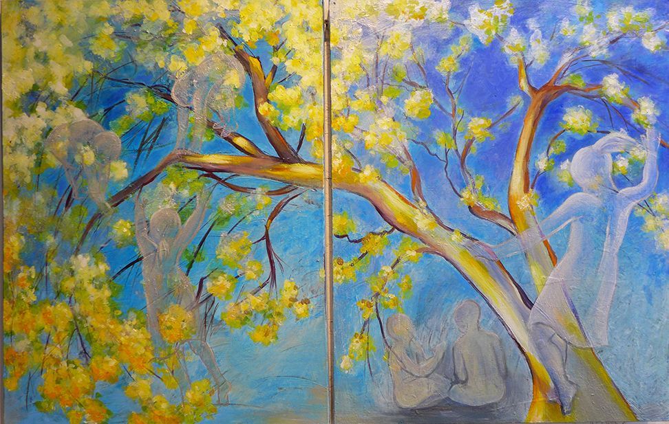 Colorful painting of blossoming trees with blue sky and two seated figures beneath the branches