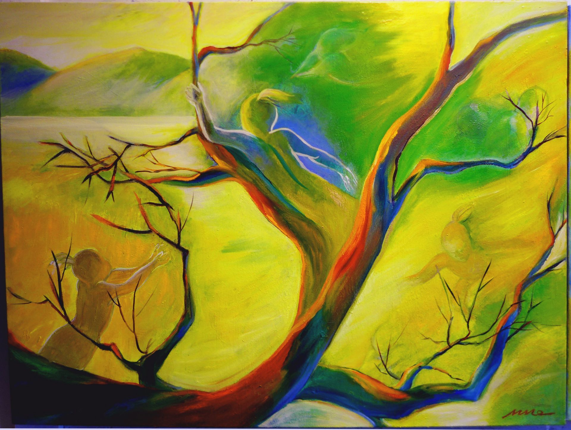 Abstract painting of a colorful tree with twisting branches on a yellow-green landscape.
