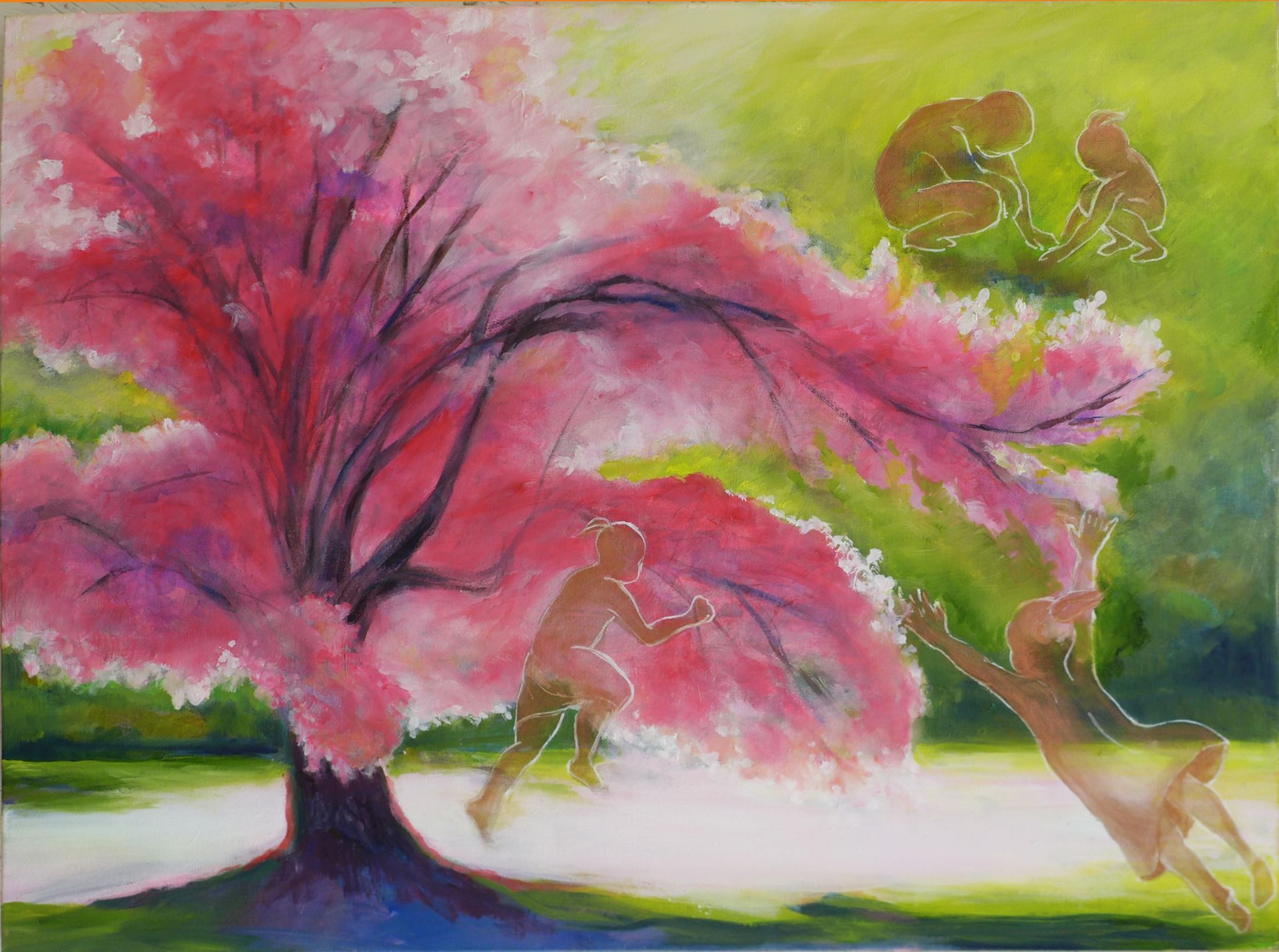 Pink cherry blossom tree in bloom with green foliage and a brown deer in a soft watercolor landscape