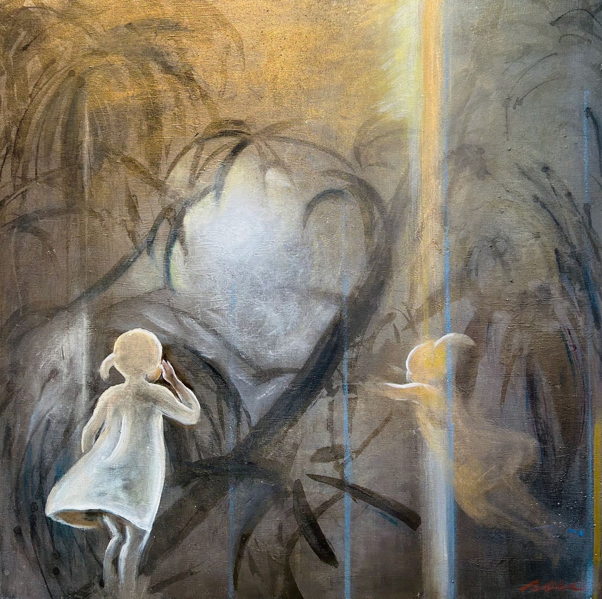 Small white-clad figure in a shadowy forest, facing a glowing light between dark tree trunks.