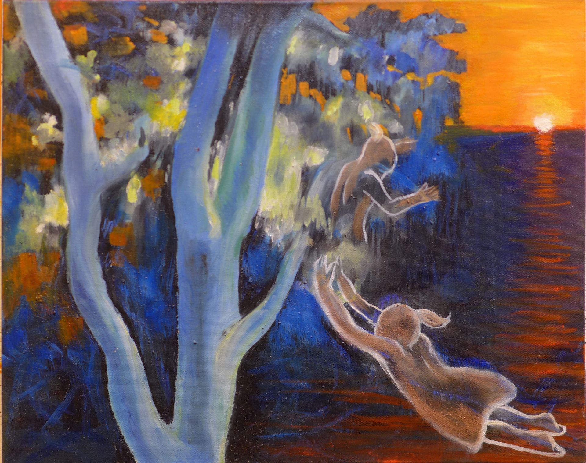 Stylized painting of two dogs leaping between pale tree trunks at sunset, with orange sky and dark blue water.