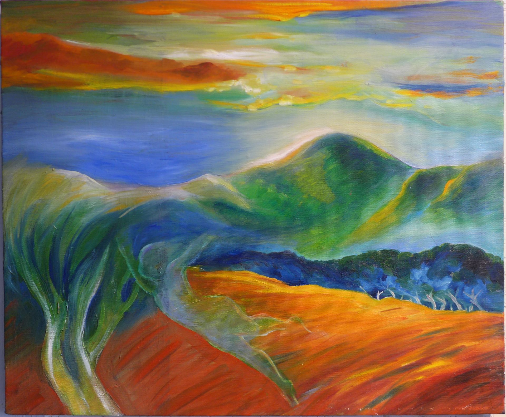 Abstract painting of colorful hills and sky with sweeping green, blue, orange, and yellow brushstrokes