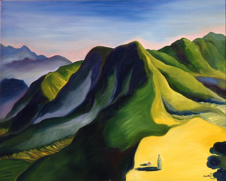 Colorful mountain landscape at sunrise with green ridges, dark valley shadows, and a small boat on yellow water