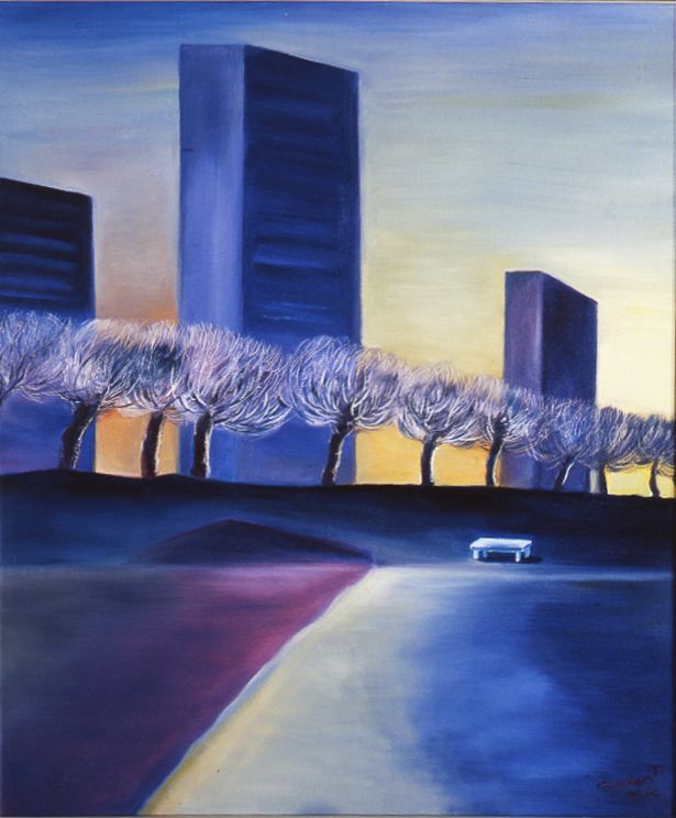 Dusk cityscape with tall blue buildings, bare trees, and a small white car on a curving road.
