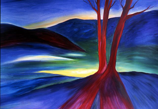 Abstract landscape with red tree trunks, blue hills, and a glowing yellow horizon