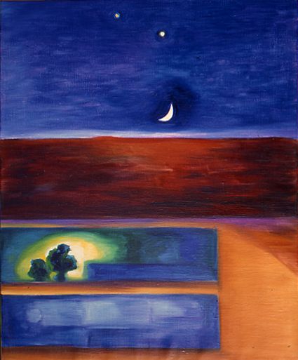 Abstract landscape with crescent moon over red horizon and blue foreground, framed by a small lit window scene.