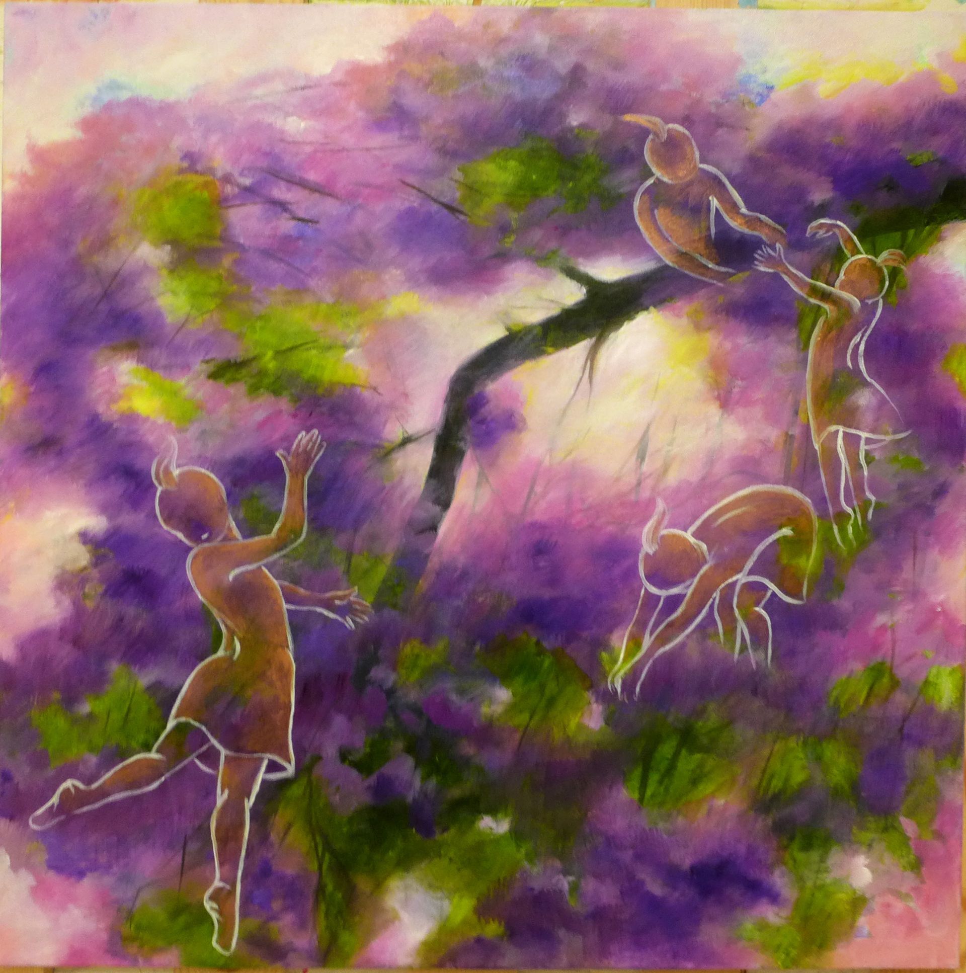 Abstract painting of dancers in purple, pink, and green, with figures leaping and reaching around a dark branch.