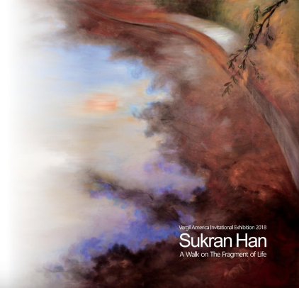 Abstract painting with swirling brown, blue, and white forms; text reads “Sukran Han” and “A Walk on the Fragment of Life”