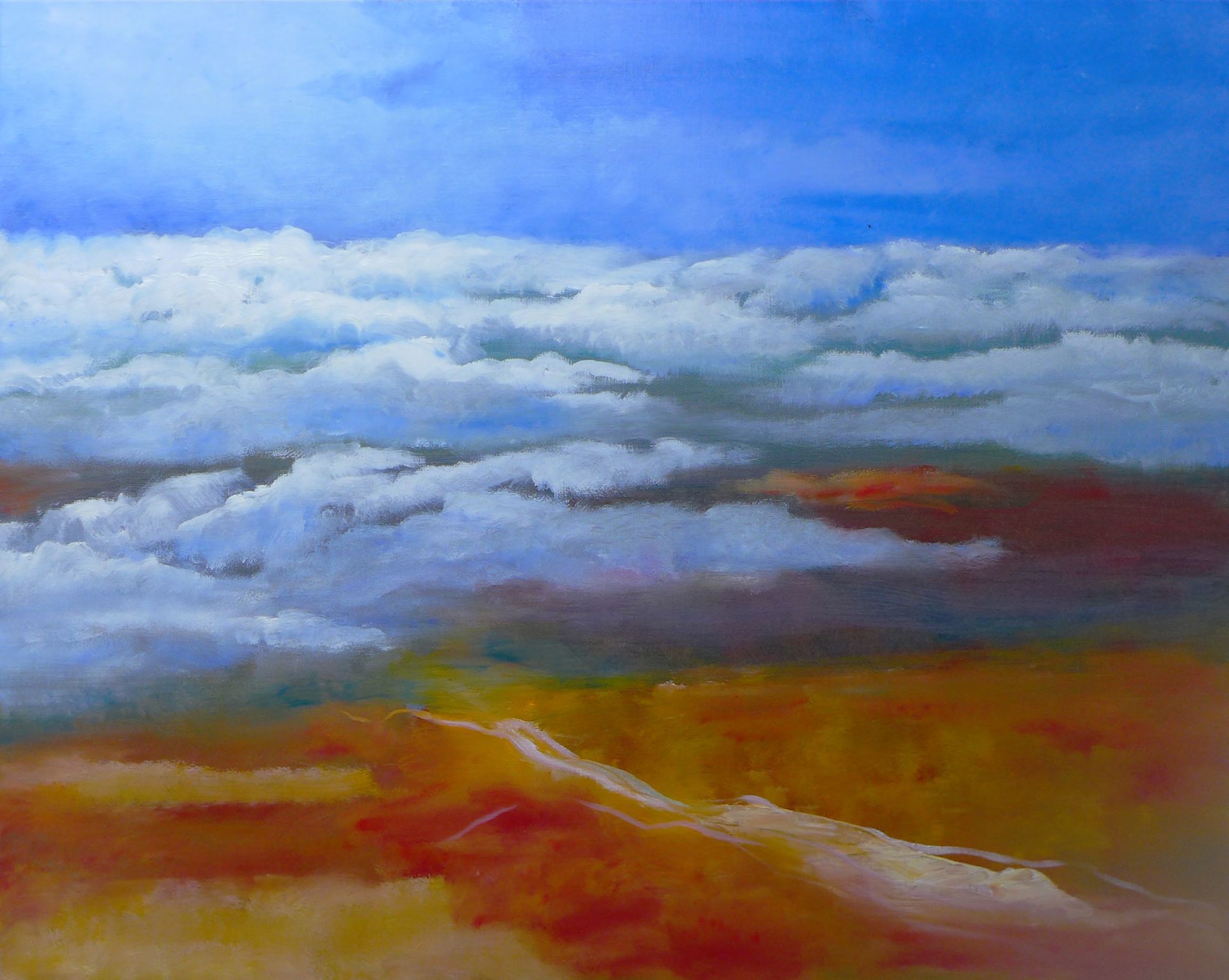 Abstract landscape of blue sky, white clouds, and warm orange-red earth