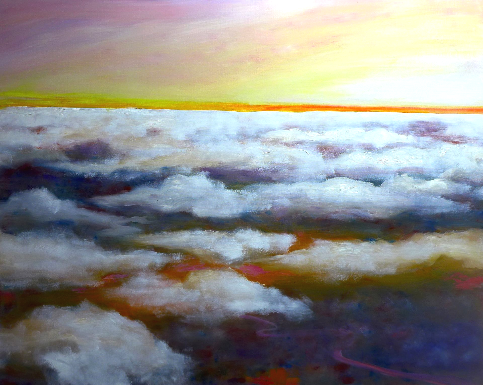 Abstract landscape of soft clouds over a glowing horizon in muted blues, purples, and golds