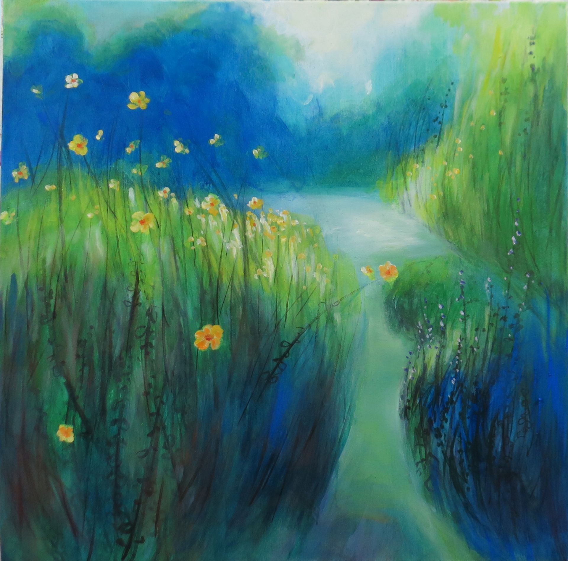 Abstract painting of a grassy meadow with yellow flowers, blue sky, and a winding stream