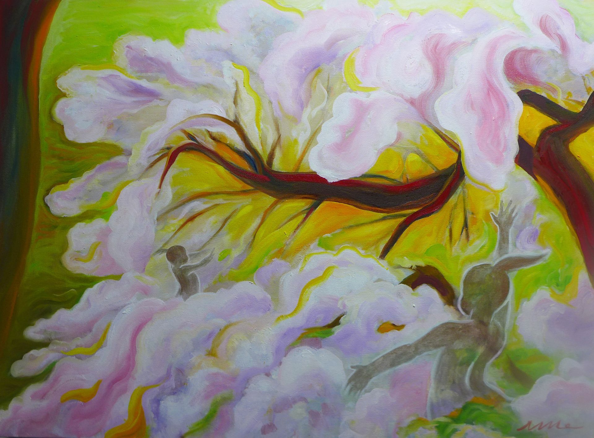 Abstract painting of a white flower with yellow center and dark red stems on a green and pink background