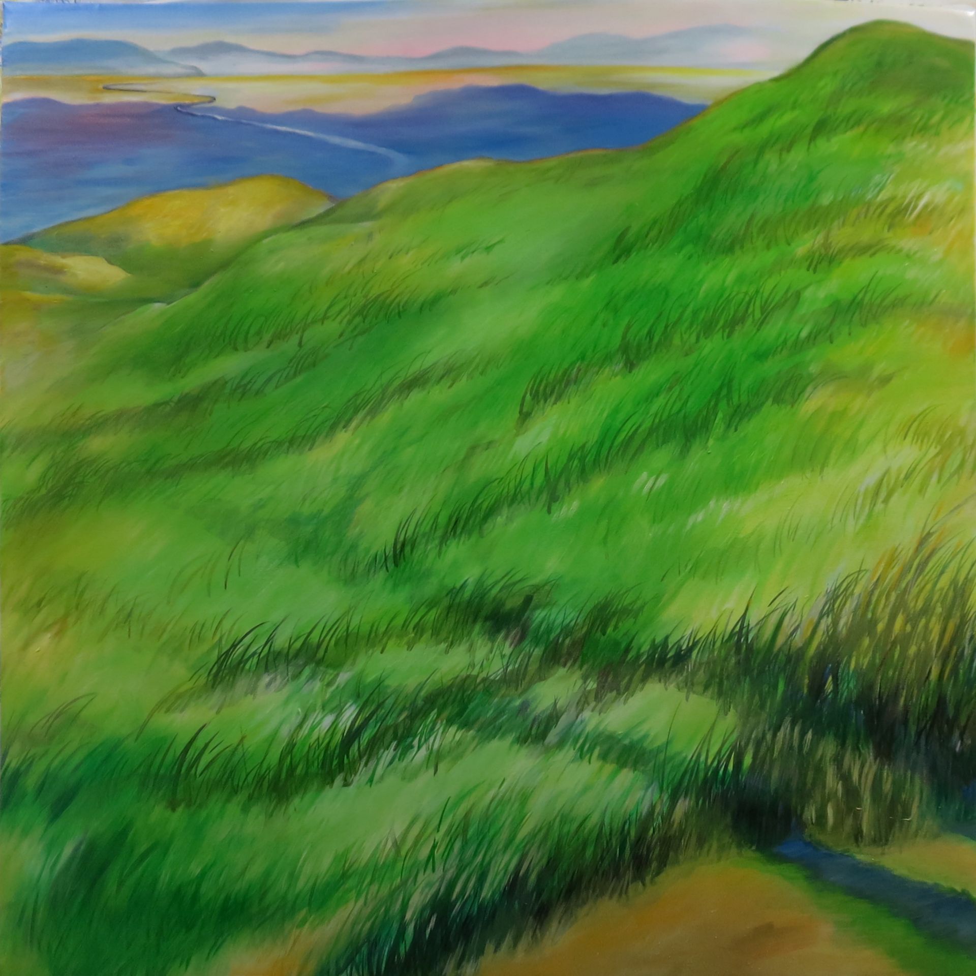 Green rolling hills under a blue sky with distant mountains and a winding stream