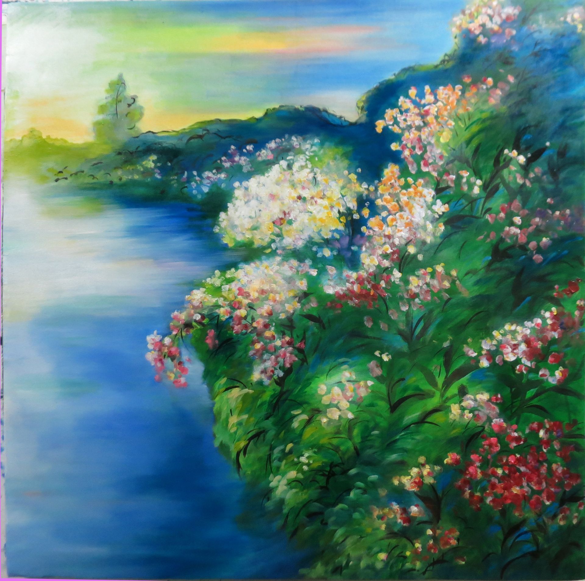 Colorful watercolor landscape with a blue river, lush green banks, and blooming pink and white flowers