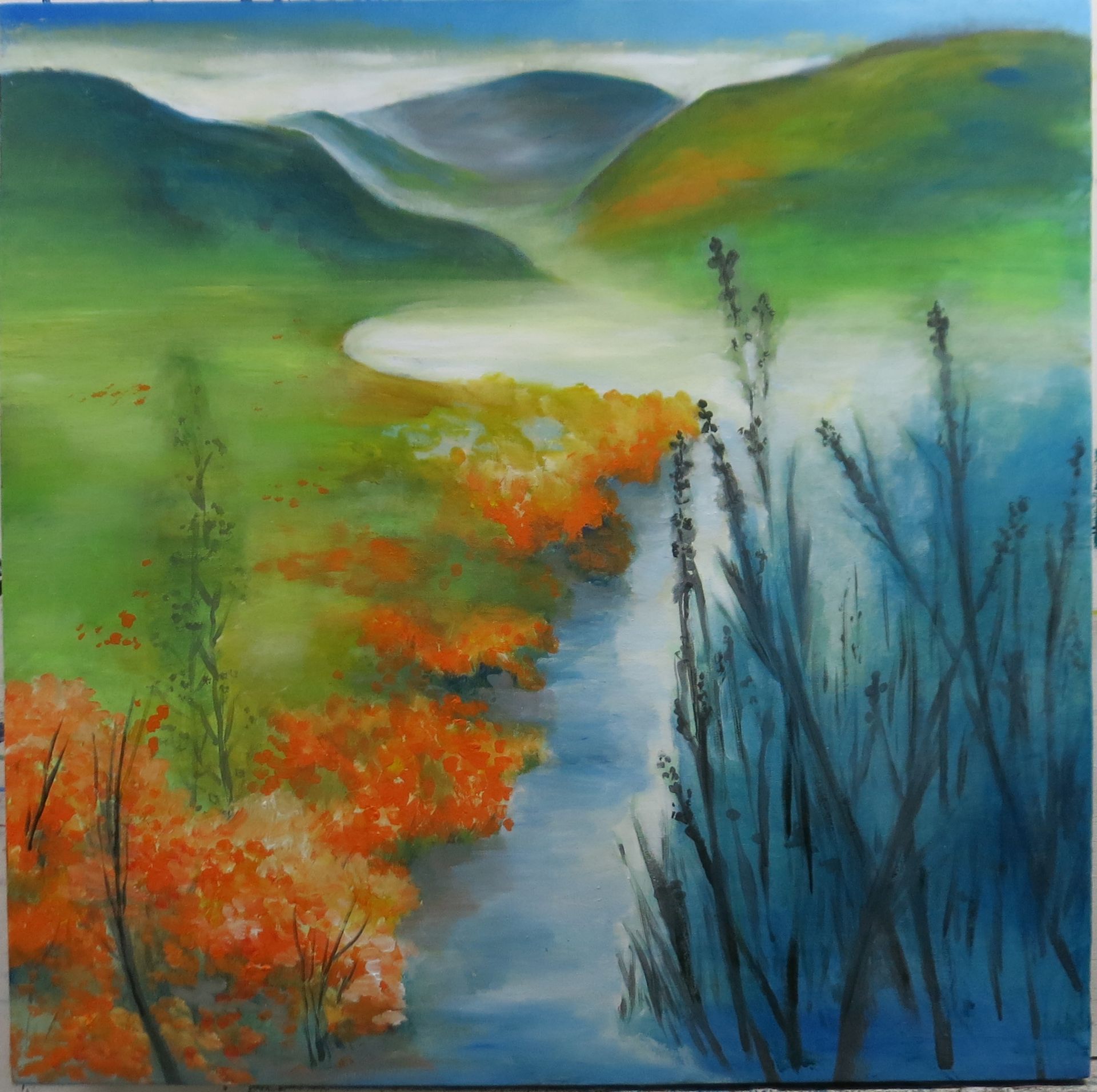 Watercolor landscape with a winding river, green hills, orange foliage, and blue reeds in the foreground