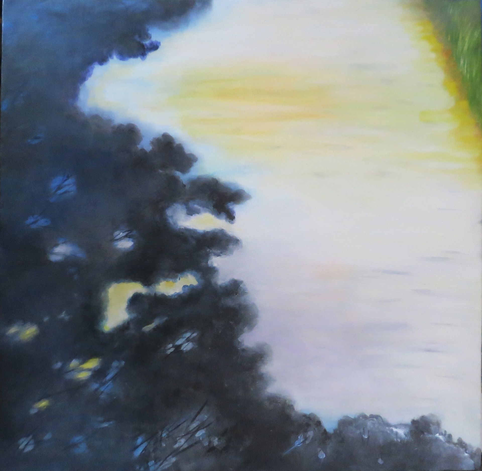 Abstract painting of a bright sky with dark tree silhouettes and yellow light at the top right
