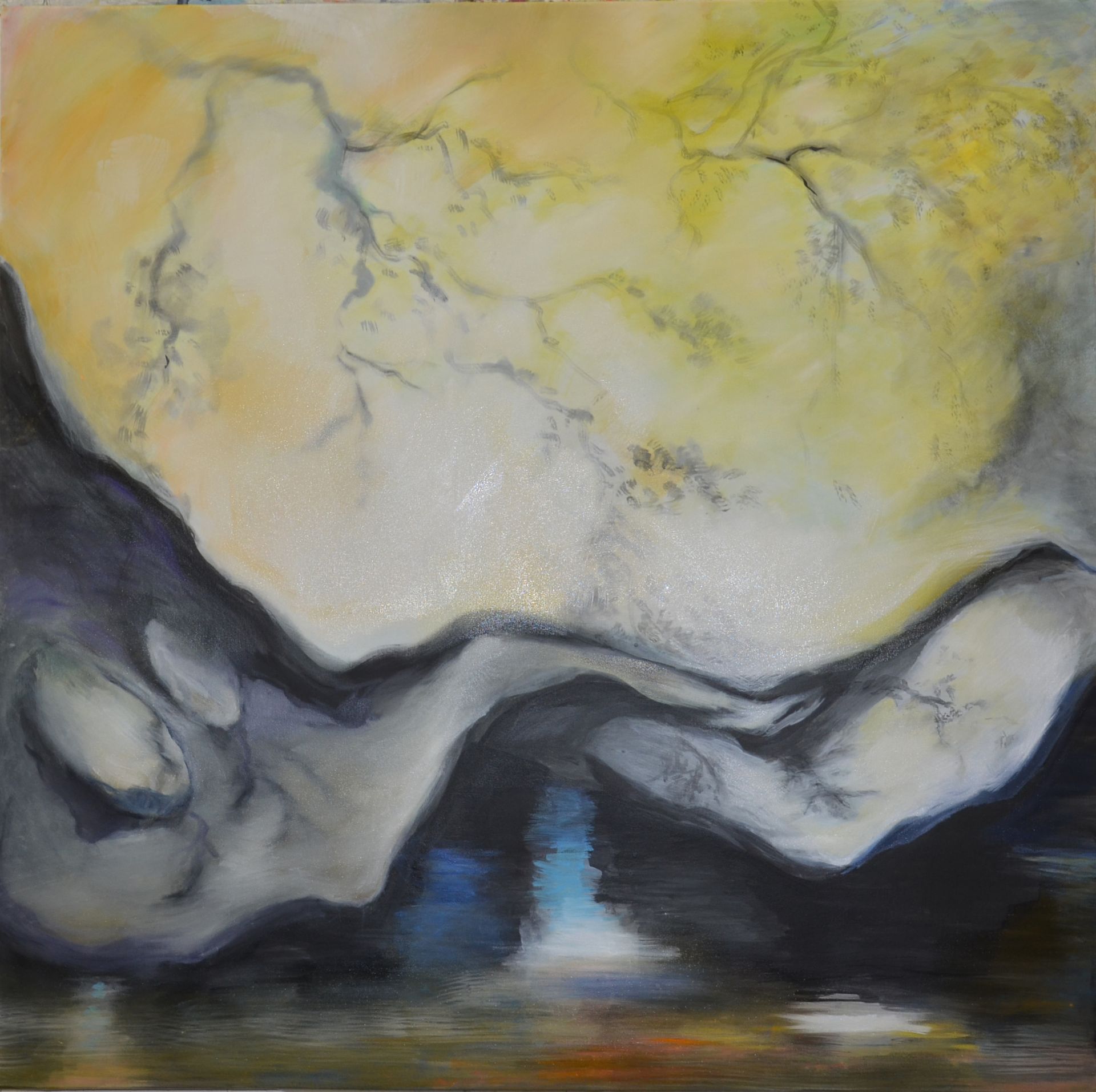 Abstract landscape painting with gray mountains, yellow sky, and a blue reflection in water