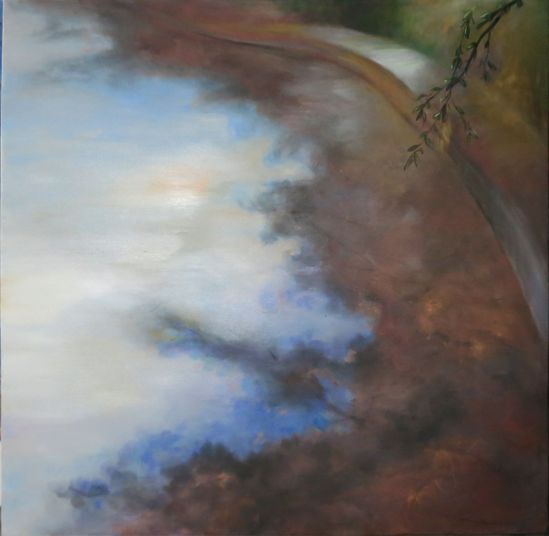 Abstract landscape with blue sky, white clouds, and a dark tree branch along the right edge.