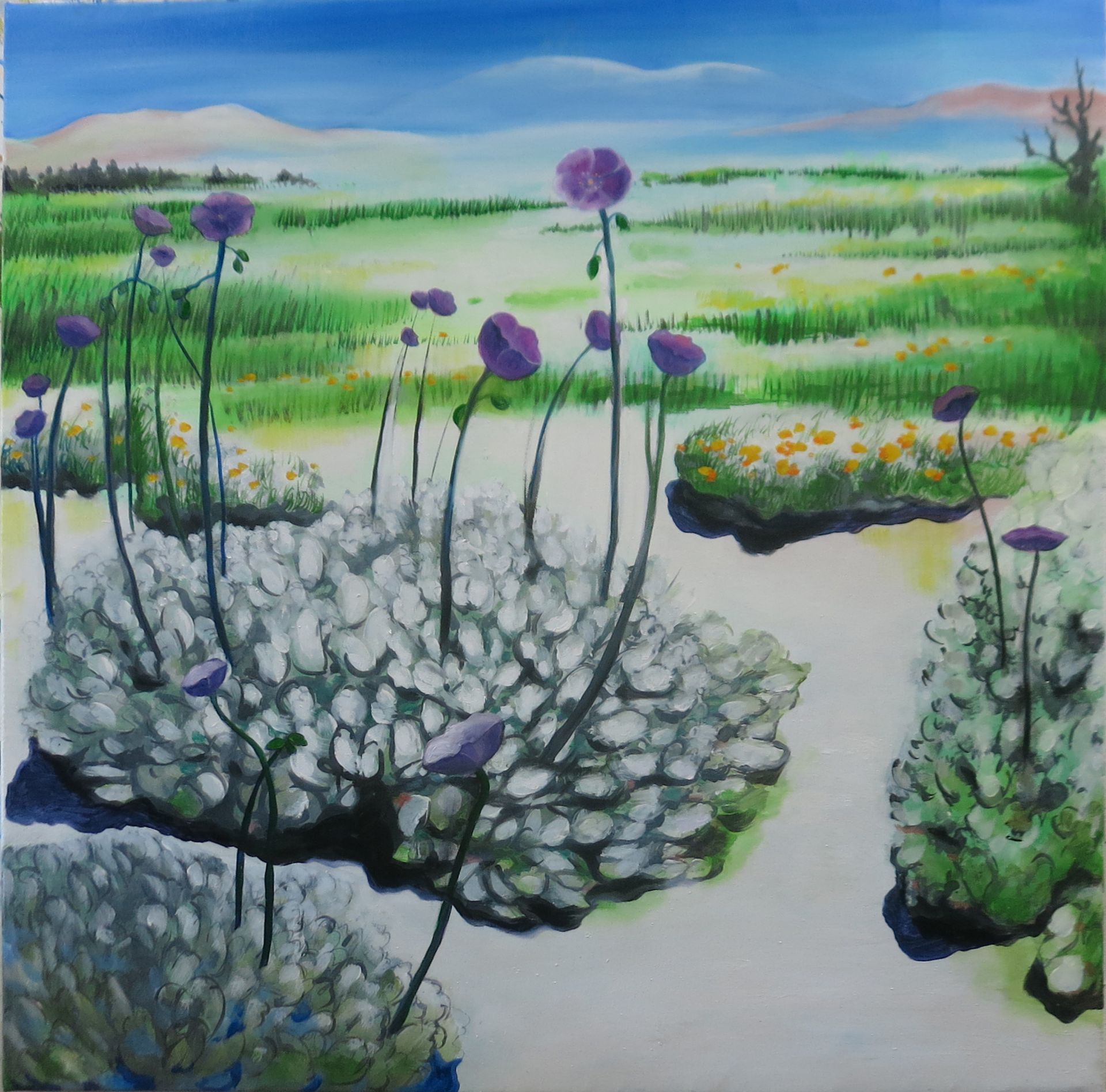Pastel garden painting with purple flowers, white blossoms, and a path under a blue sky