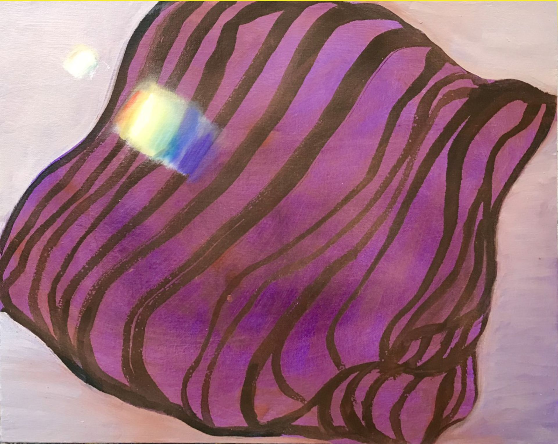 Abstract pink and purple patterned shape with dark curved stripes on a pale background