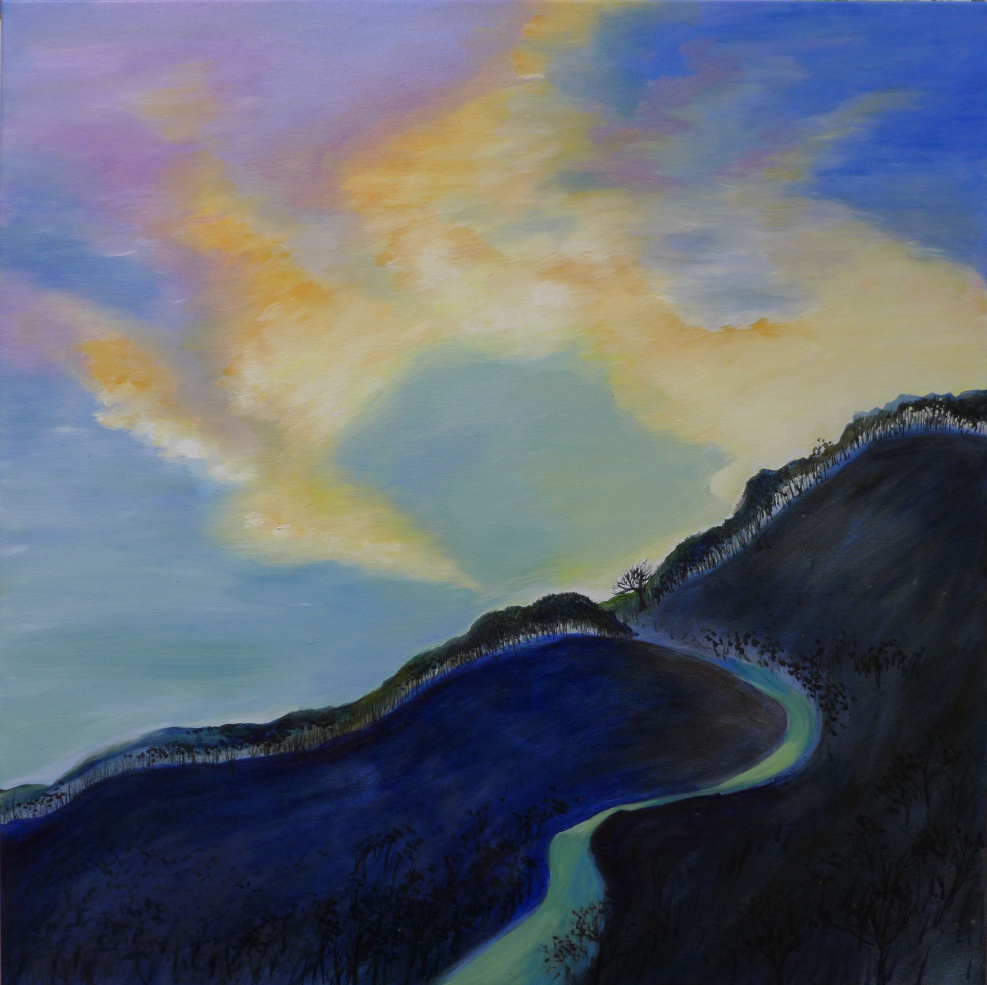 Abstract landscape painting of a dark mountain ridge beneath a pastel blue, gold, and lavender sky