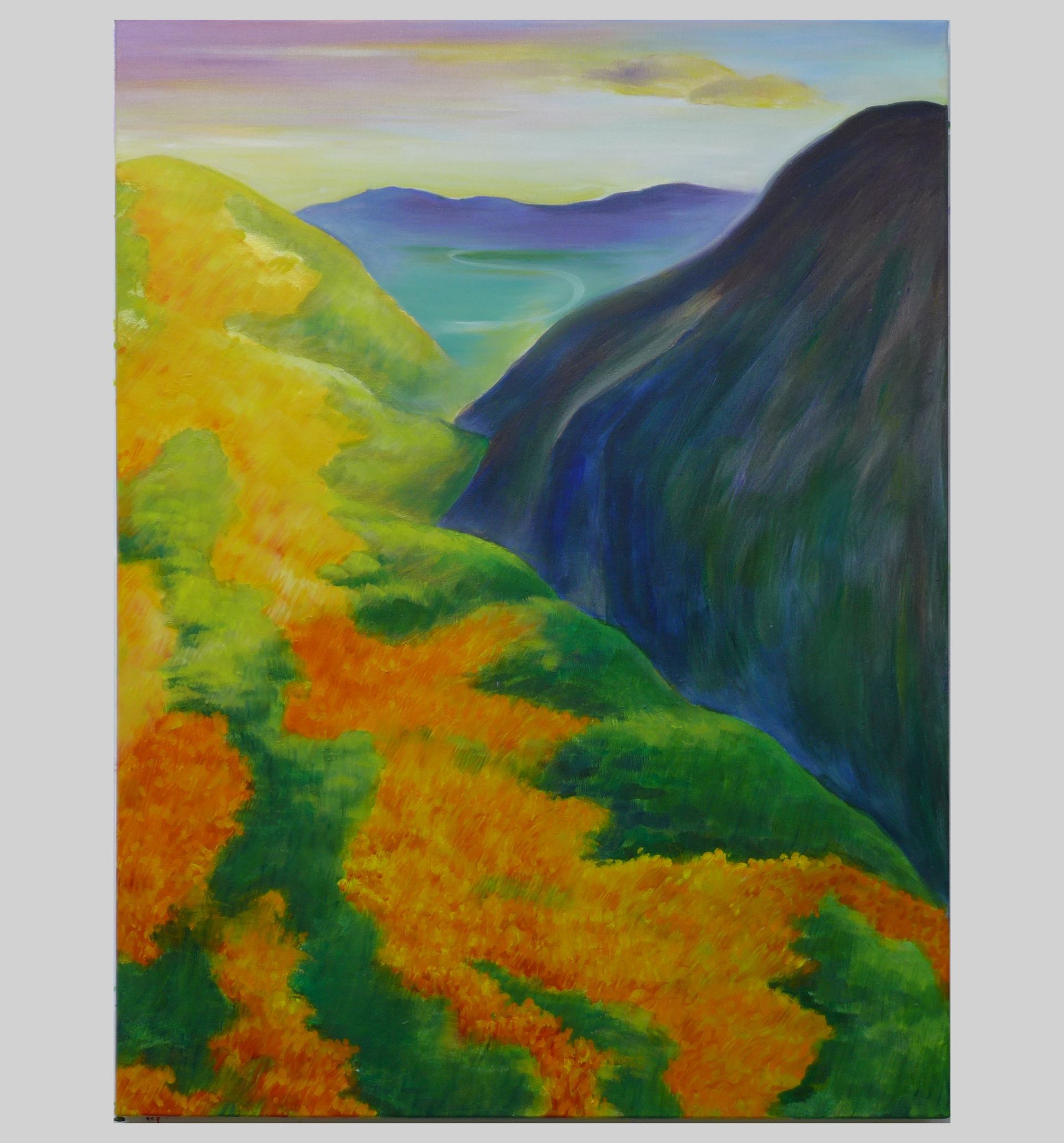 Colorful painted landscape of a valley between hills, with green, yellow, orange, and blue tones.