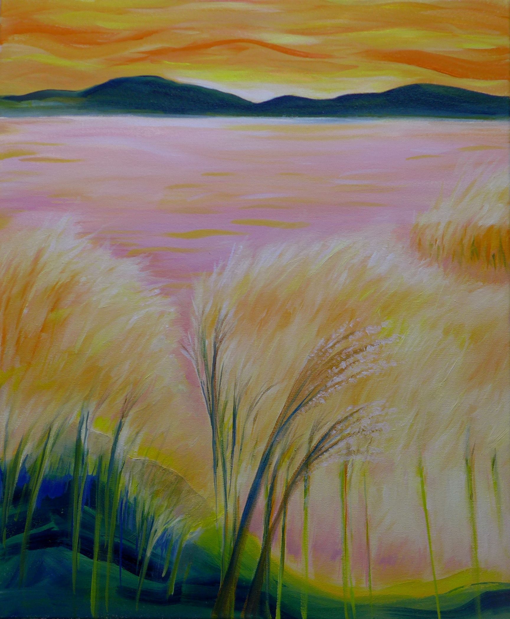 Pastel landscape with pink marsh, tall grasses, distant blue hills, and a warm orange sky