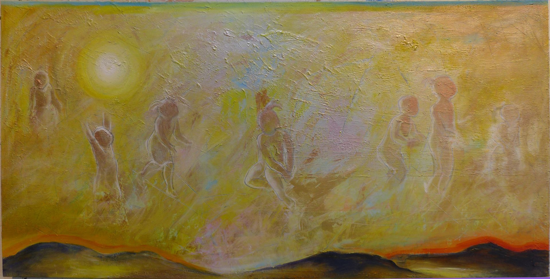 Abstract warm-toned painting with a glowing sun, faint human figures, and dark hills along the bottom.