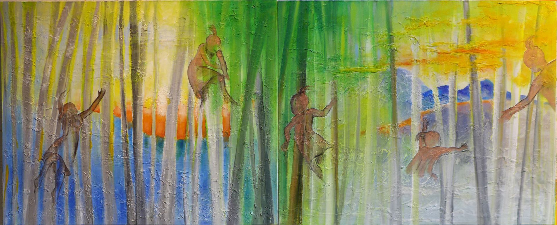 Abstract colorful forest scene with vertical green, blue, and yellow strokes and small human figures among trees