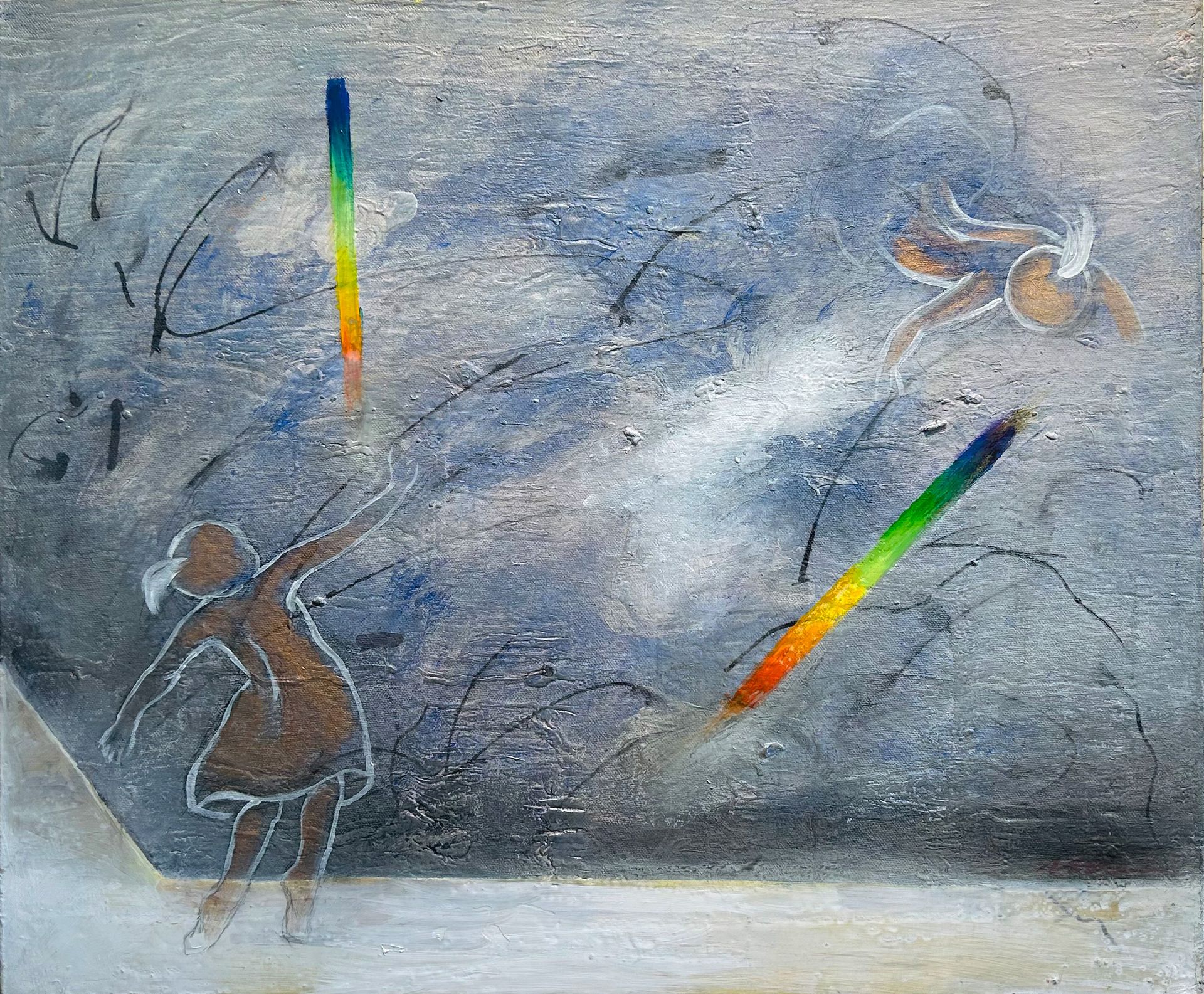 Abstract painting of two sketched figures with rainbow streaks over a gray-blue textured background
