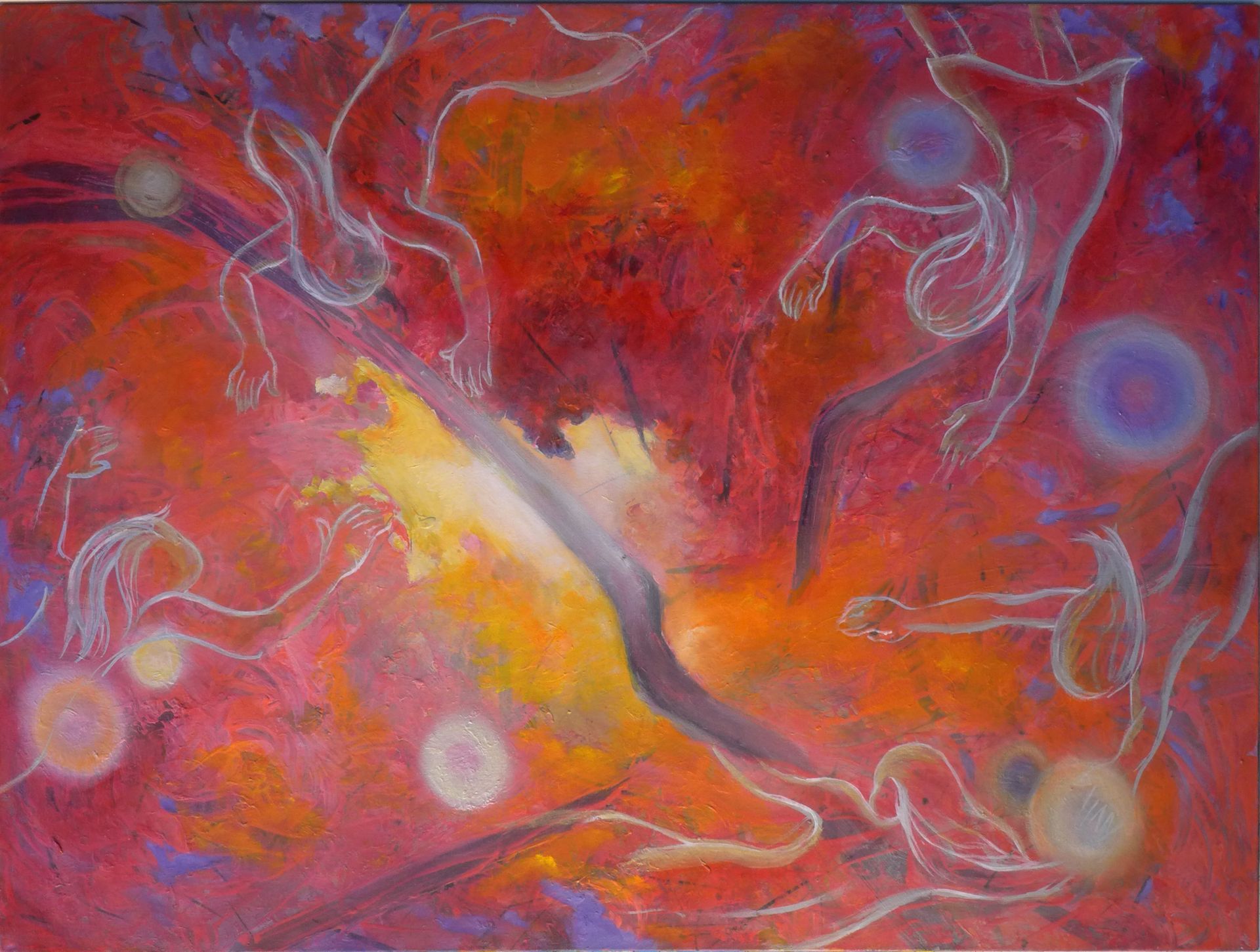 Abstract red-orange painting with glowing orbs and pale swirling lines