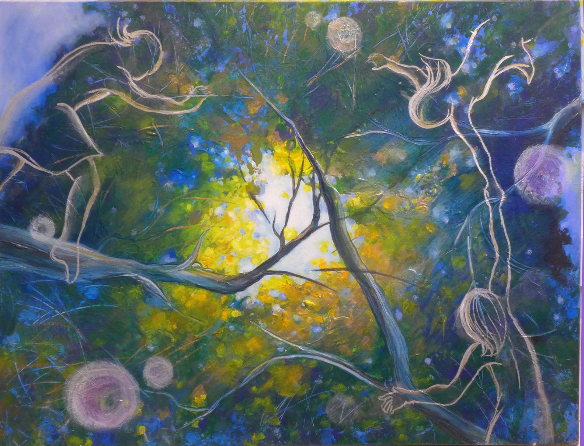 Abstract painting of glowing yellow light in blue-green swirls with delicate white vine-like branches.