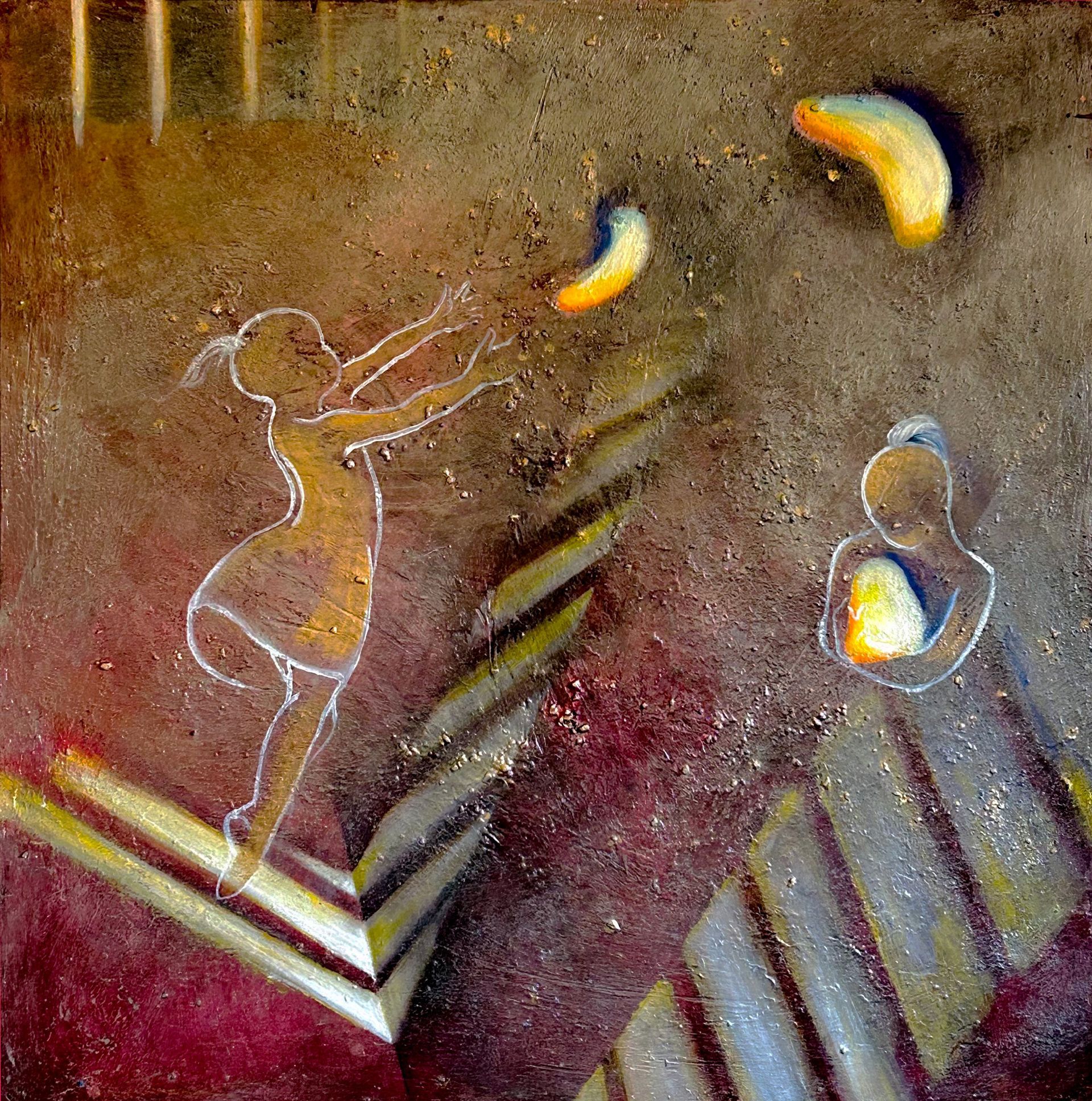 Abstract painted scene with two outlined figures reaching for floating yellow crescents and striped geometric shapes