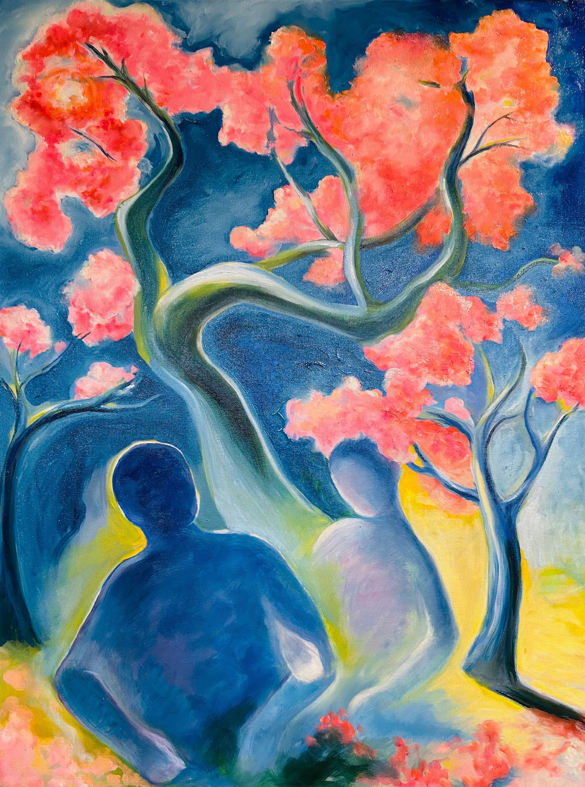 Blue silhouette under pink blossoms with a winding tree and glowing yellow sky