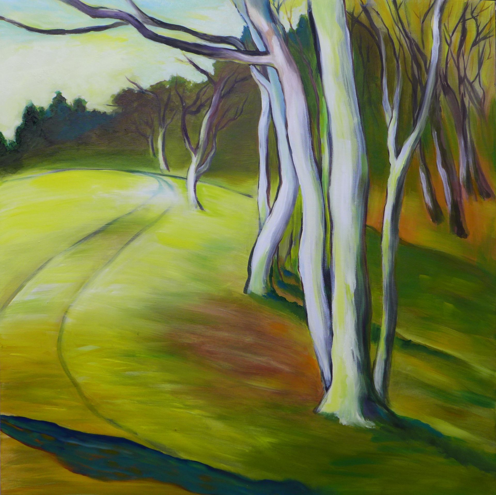 Abstract painting of white trees along a curving green path in a bright landscape