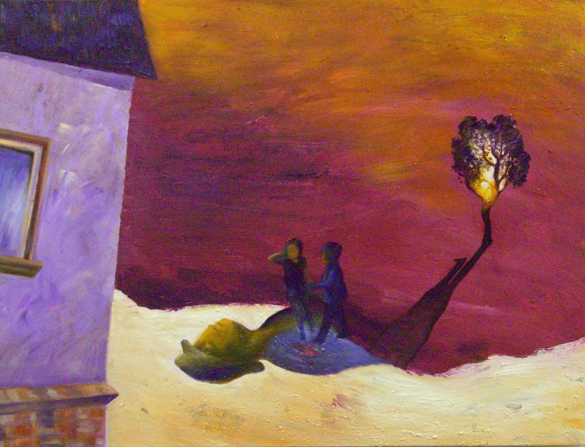 Two figures on a snowy hill near a purple building under a red sky, with a glowing tree in the distance.