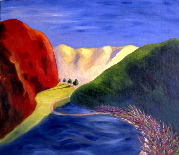 Abstract landscape with red cliffs, blue river, green hills, and sunlit mountains under a blue sky