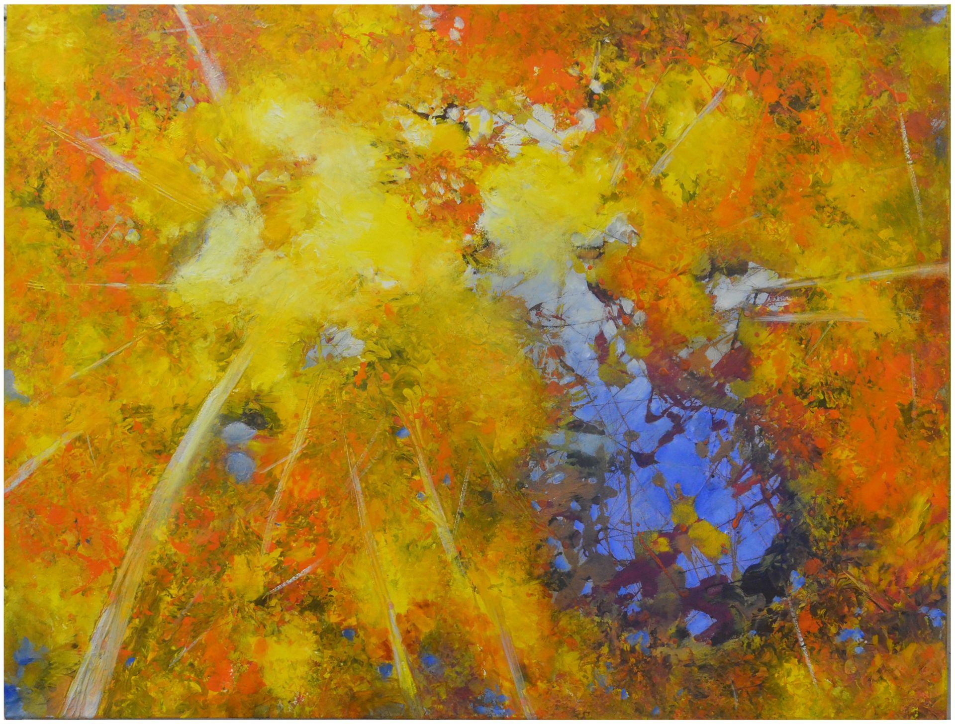 Abstract painting with bright yellow, orange, and blue splashes and textured brushstrokes