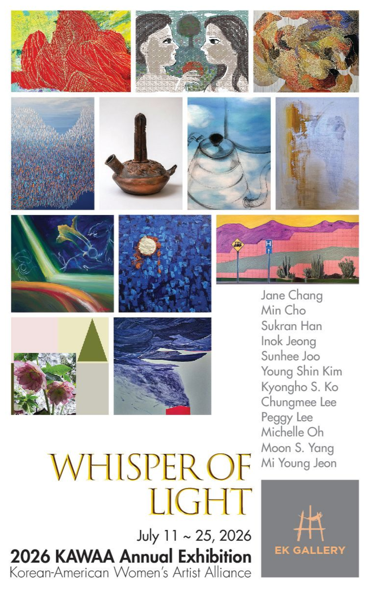Two-panel art booth poster with yellow event details and green abstract landscape painting, Nov. 8–15, 2025.