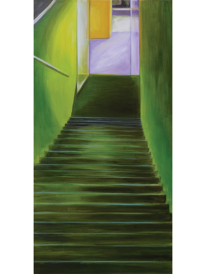 Green stairwell leading to a bright doorway, with yellow walls and purple light at the top.