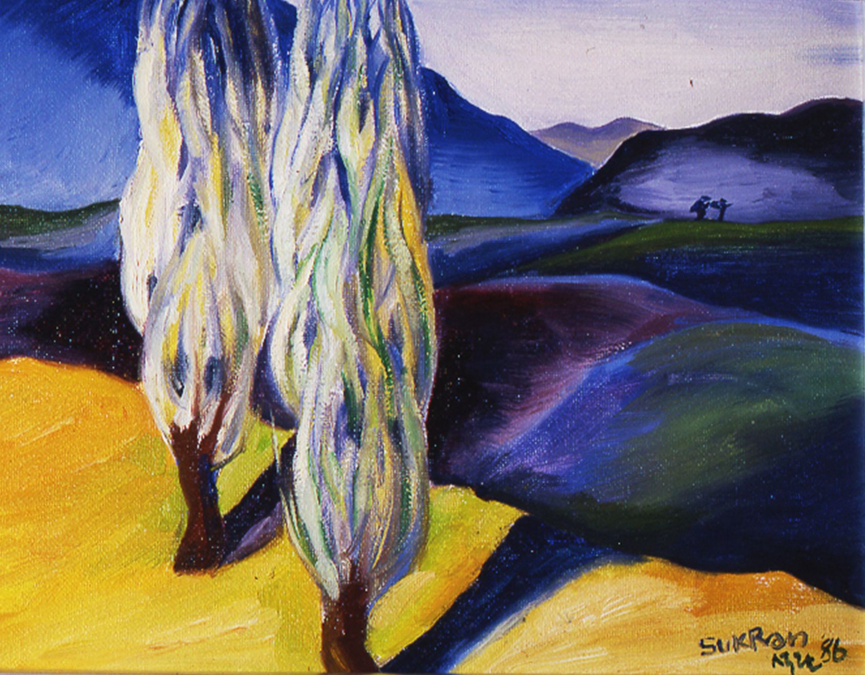 Abstract painting of two tall trees on a yellow foreground with blue-purple mountains and sky.