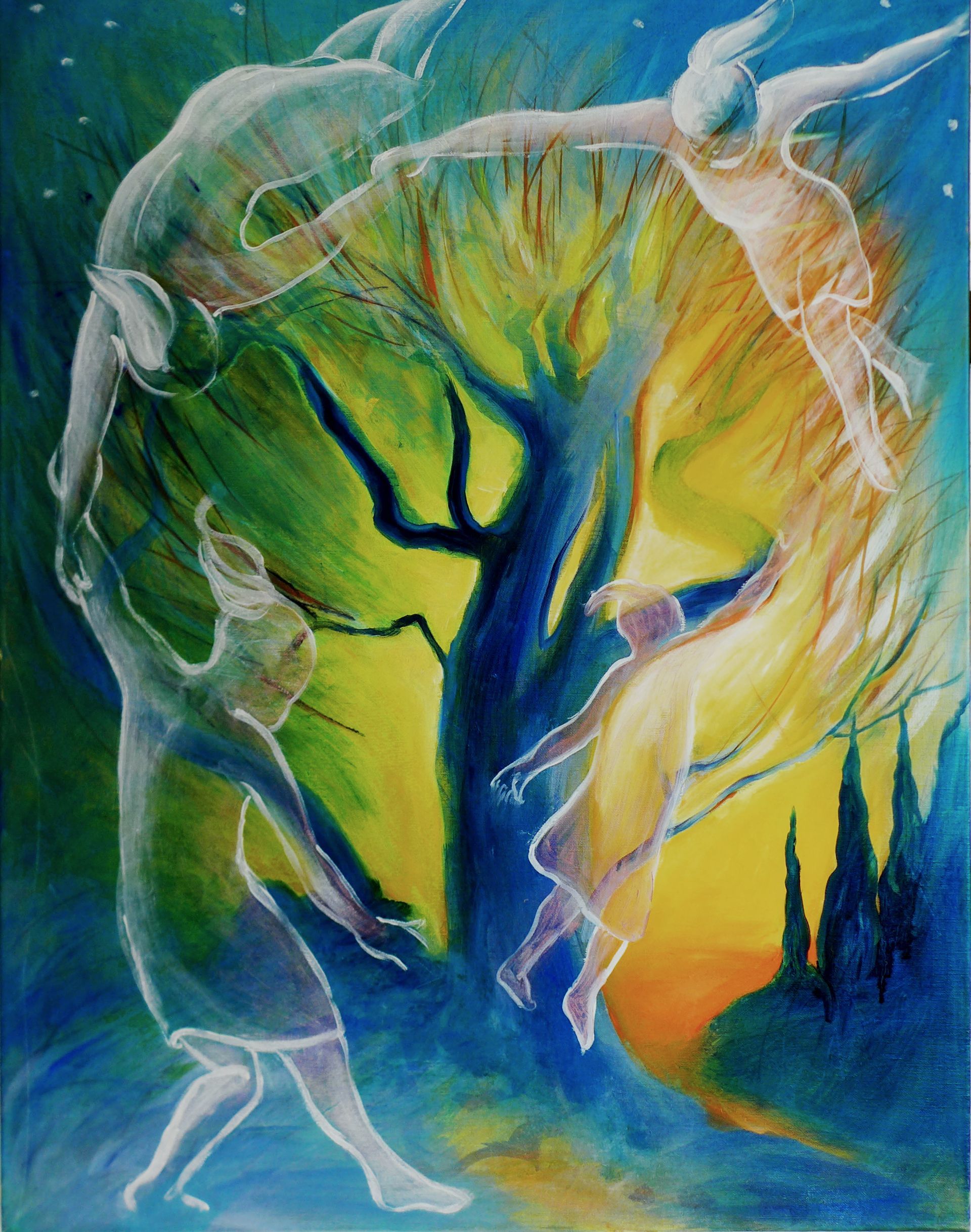 Surreal painting of a glowing tree silhouette with flowing white figures in blue, green, and orange light.