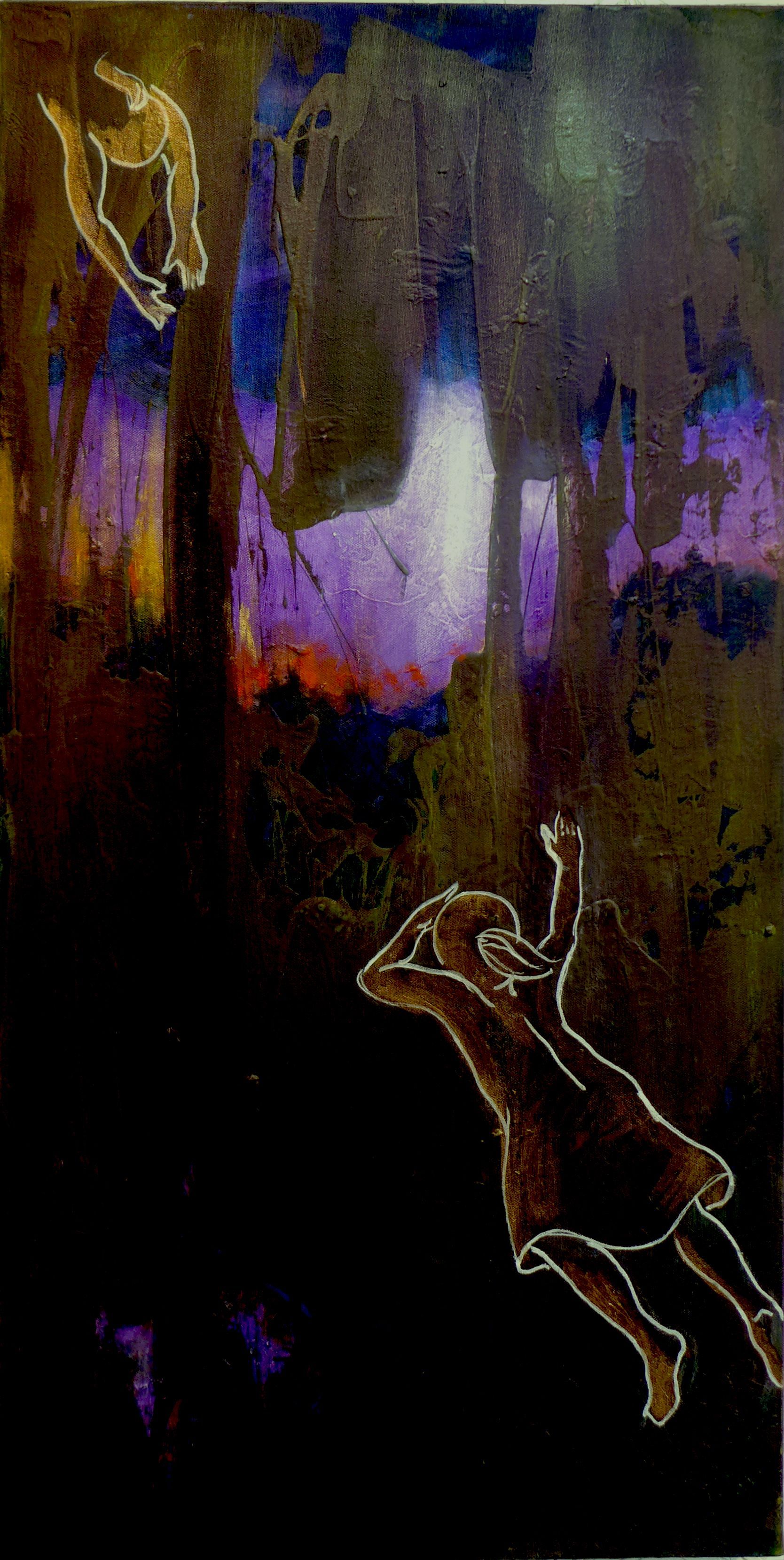A silhouetted person leaping across a glowing purple cave with dark rocky walls