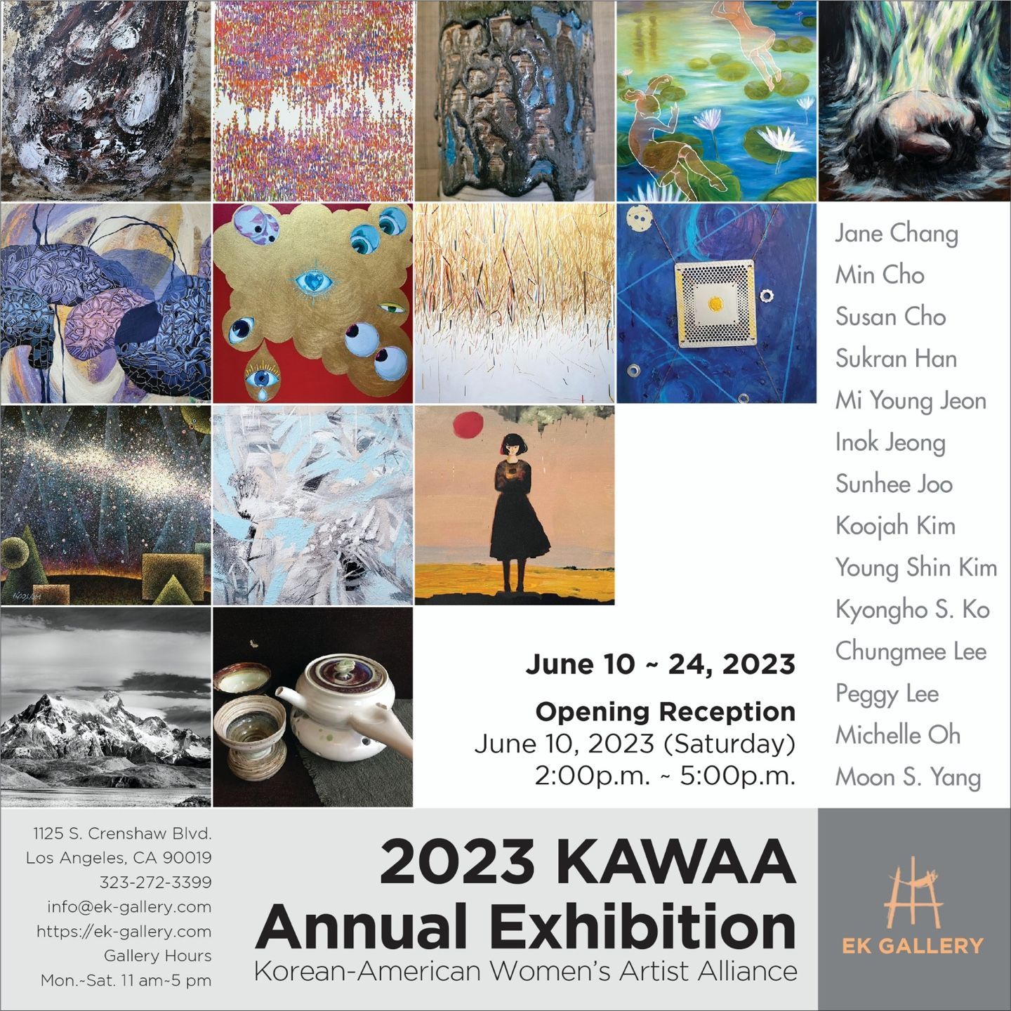 Poster for 2023 KAWA Annual Exhibition with colorful artwork collage and June 10–24 opening reception details