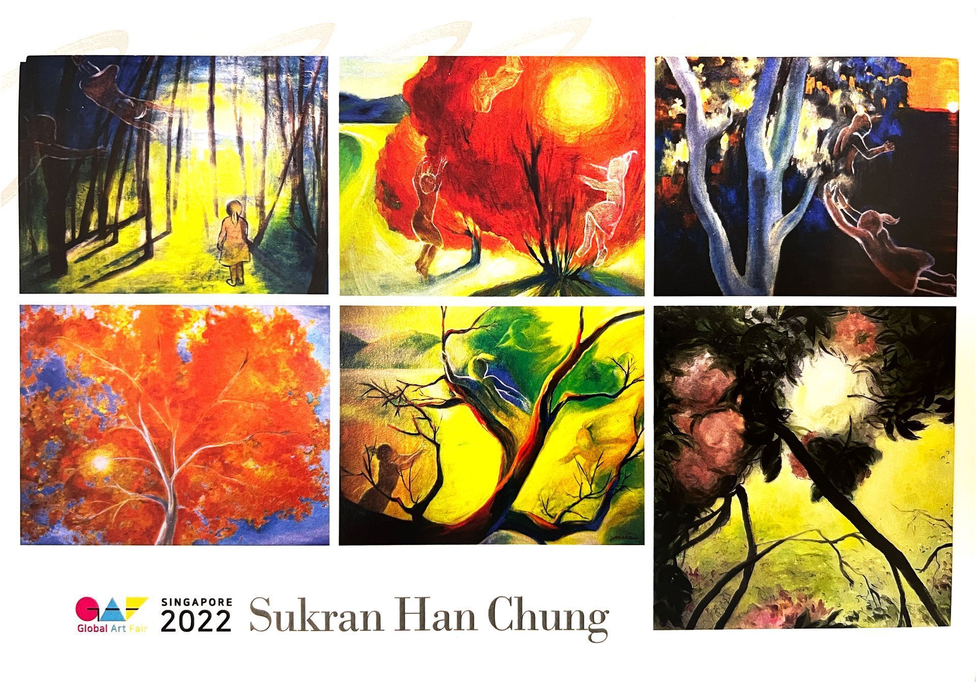 Colorful abstract tree paintings in six panels, with “2022 Sukran Han Chung” text at bottom.