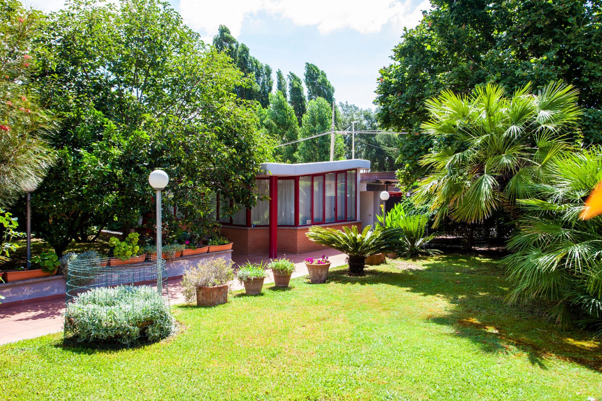 Un rigoglioso giardino verde con un edificio sullo sfondo